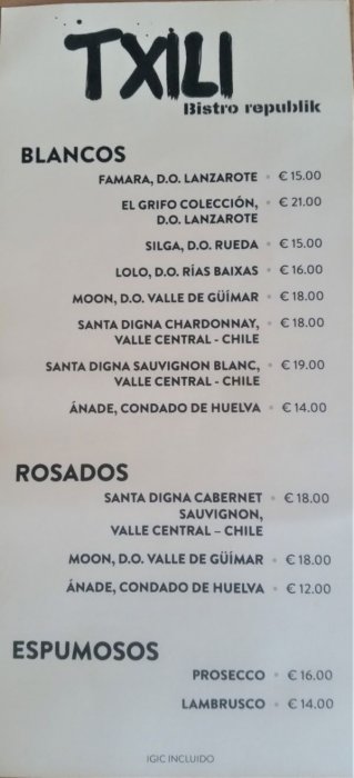 carta vinos, Txili - Bistro Republik, Playa Blanca - Lanzarote, Txili - Bistro Republik, Restaurante Playa Blanca-Lanzarote 0