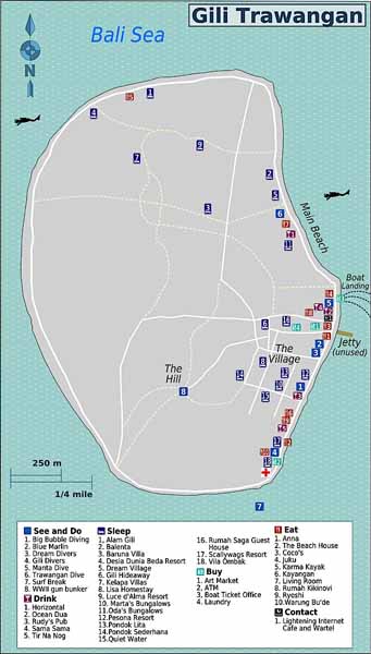 Mapa Gili Trawangan - Reducido, Hoteles en Gili (Indonesia)