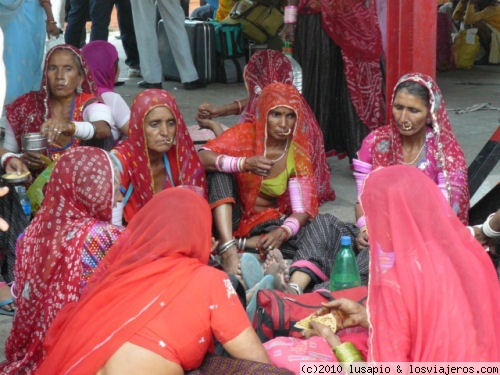 mujeres en estacion de tren de Haritwar
1004 mujeres esperando el tren que les devuelva a casa despues de haber cumplido con sus tradiciones del Kumba Mela,  Haritwar
