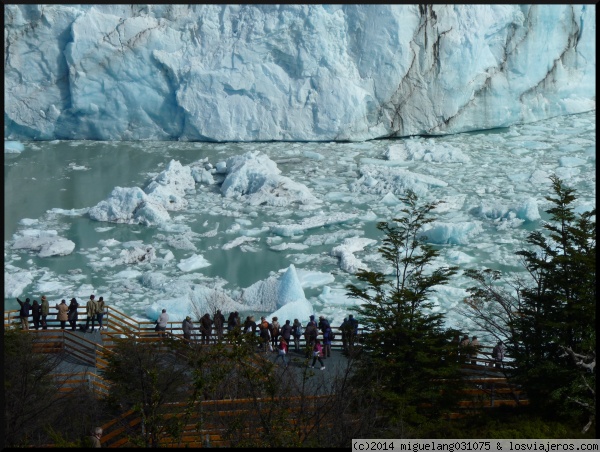 Perito Moreno desde la pasarela inferior
En la foto se observa el glaciar Perito Moreno y la gente que lo contempla desde el mirador inferior.
