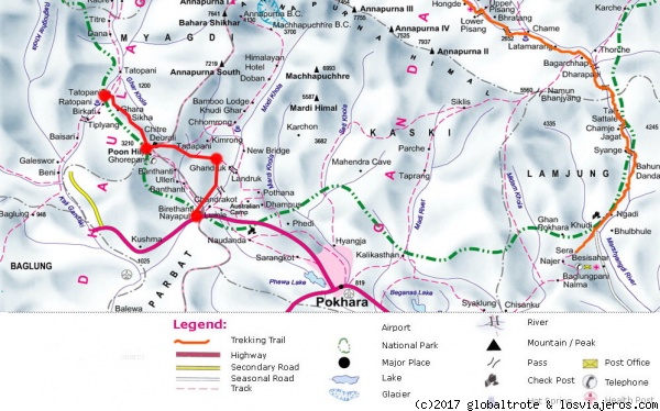 Mapa trek Poon Hill
Recorrido de trek de tres días Naya Pul - Ghandruk - Poon Hill - Tatopani
