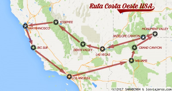 Ruta del viaje
Ruta de viaje de la Costa Oeste de EEUU
