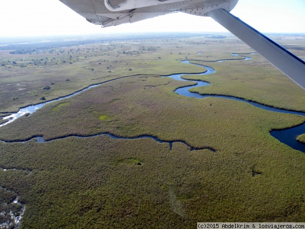 Okavango
Viajando en avioneta entre Chobe y Maun es posible sobrevolar a baja altura el Delta del Okavango.
