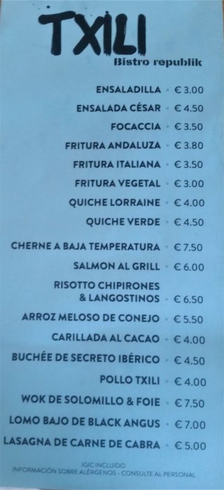 Carta Txili - Bistro Republik, Playa Blanca - Lanzarote, Txili - Bistro Republik, Restaurante Playa Blanca-Lanzarote 2