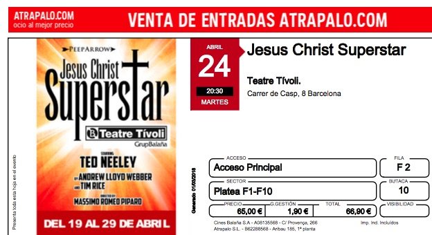 2 entradas JESUCRISTO SUPERSTAR en Barcelona, dia 24,FILA 2