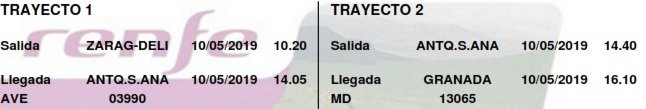 Horario Tren, Vendo 2 billetes Zaragoza - Granada 10 de Mayo