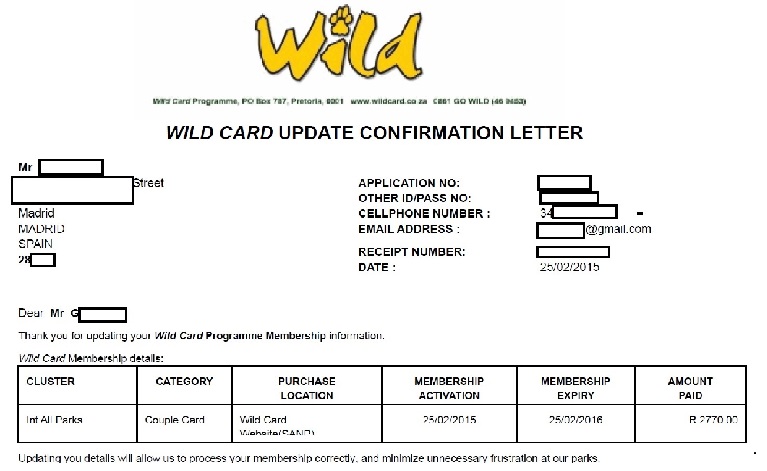 conf letter, Wildcard - Tarjeta Parques de Sudafrica