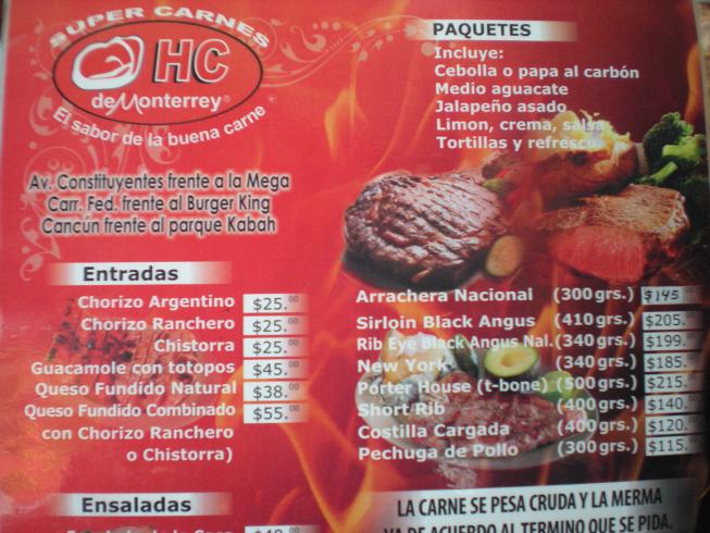 Carta HC Monterrey, Restaurantes en Riviera Maya: comer fuera del hotel 1