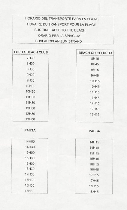 Horarios autobús Hotel Riu Lupita, Hotel Riu Lupita - Riviera Maya