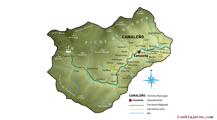 Mapa del Valle de Camaleño, Comarca de Liébana, Cantabria, Camaleño: valle de Liébana, Picos de Europa - Cantabria
