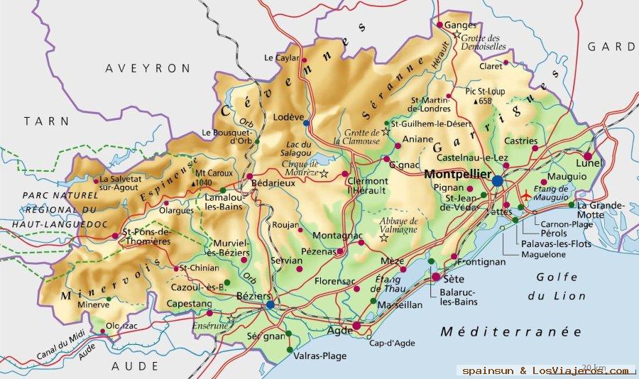 Mapa del departamento de Herault - Languedoc, Qué ver en Hérault: el corazón del Mediterráneo - Languedoc