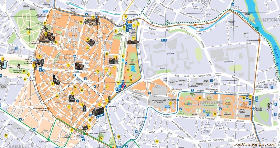 Mapa turístico del Centro de Montpellier, Montpellier: consejos visita -Languedoc, Herault, Francia