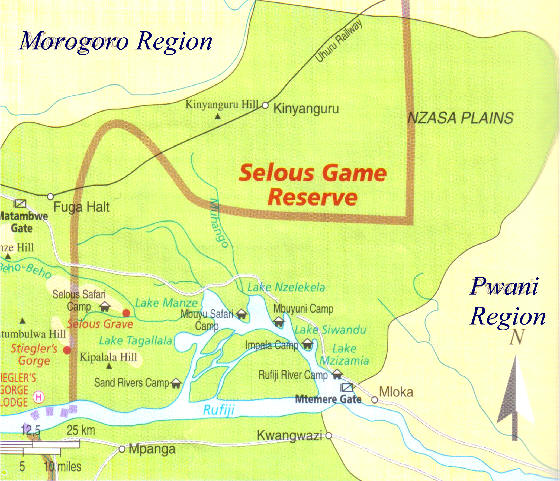 Mapa de Selous - Zona norte, Reserva de Selous - Parques del Sur de Tanzania 1