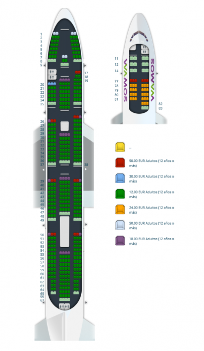 Disposición asientos Wamos Air, Wamos Air a Riviera Maya (antes Pullmantur Air)