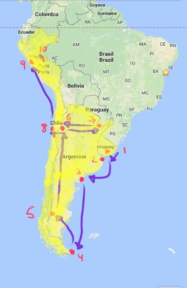 Mi itinerario creado aún poco elaborado, 2 meses, entrar volando por Uruguay y volver desde Peru