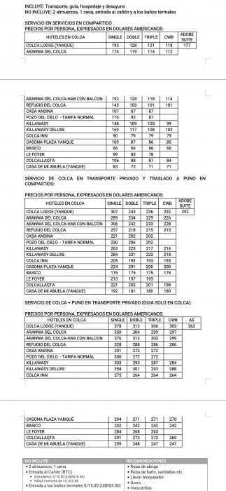 precios tours Colca traslado puno, Rutas-itinerarios por Perú de hasta 15 días (2 semanas)