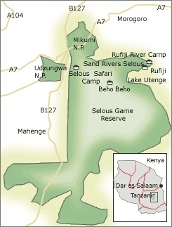 Mapa de Reserva de Selous - pequeño, Reserva de Selous - Parques del Sur de Tanzania 0