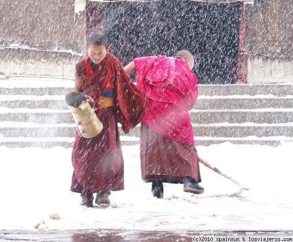 Monje tibetano bajo una nevada
Joven monje acarreando agua mientras cae una fuerte nevada en Xiahe - Ghansu. Monasterio de Labrang.
