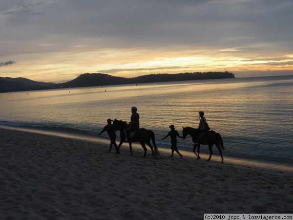 Paseos a caballo
Al anochecer se pueden ver jovenes jinetes de una escuela de equitación paseando por la playa de La Laguna, en Phuket
