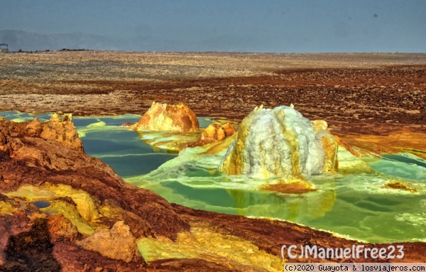 EL DALLOL
El volcán tiene numerosas fumarolas que  están descargando continuamente salmuera y aguas termales, formando un paisaje formado por estanques verdes, salados y ácidos.
