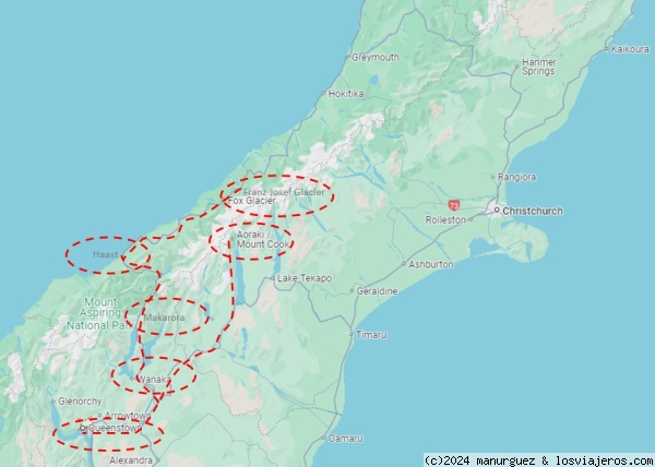 Mapa del itinerario en el P.N. Monte Cook
Mapa con la ruta seguida desde Queenstown para recorrer el Parque Nacional Monte Cook y alrededores
