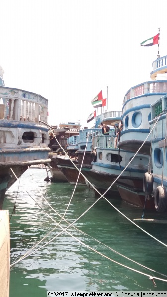 DHOWs en DEIRA, DUBAI CREEK
El DUBAI CREEK (Arroyo de Dubai) no tiene ya nada de arroyo, pues fue dragado y ampliado a una ría de 14 kms de fondo y de entre 200 a 2000 m de ancho, permitiendo la navegación a los tradicionales barcos en madera llamados DHOW, así como a los impresionantes yates reales. En sus orígenes los primeros  pescadores y buscadores de perlas que se asentaron aquí lo llamaron 