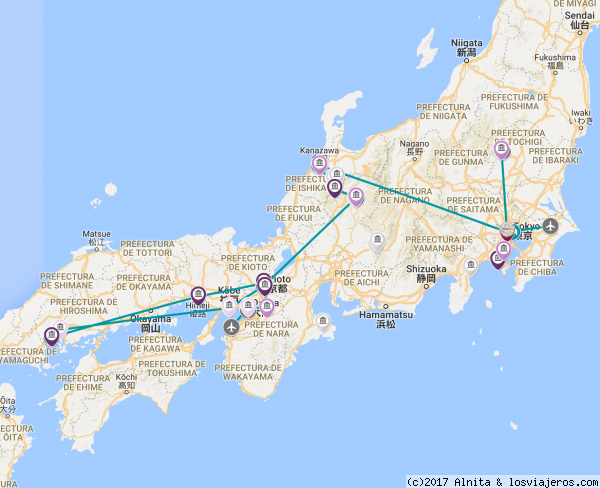 Mapa de nuestra ruta por Japón
Mapa de nuestra ruta de 16 días por Japón
