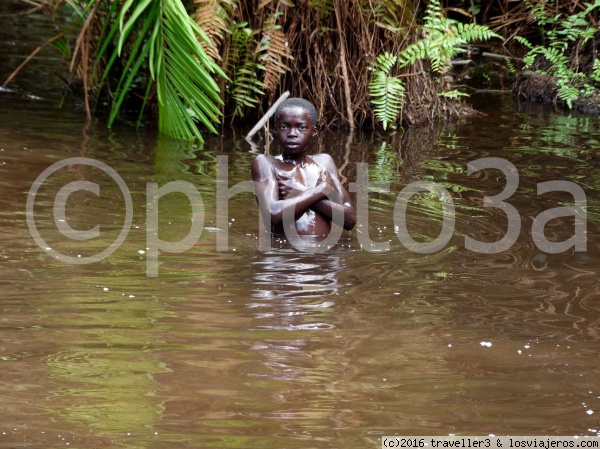 pigmeo bañandose en el rio Reserva de Djan
Pigmeo bañandose en el rio en la Resera de Dja
