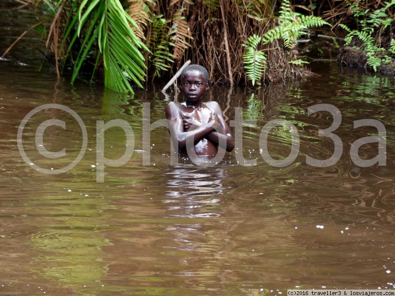 Viajar a  Camerun: Douala - pigmeo bañandose en el rio Reserva de Djan (Douala)