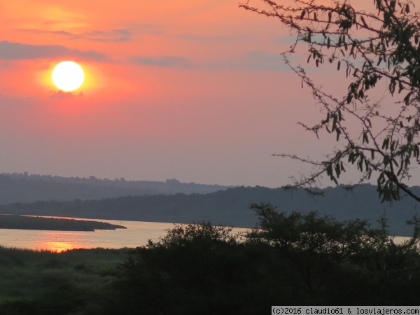 Atardecer en el Nature Lodge de Murchison Falls National Park
Llegamos antes del atardecer a ubicarnos en nuestra carpa y vemos el sol caer sobre el Nilo Blanco
