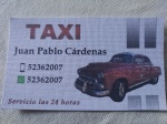 Tarjeta de visita Juan Pablo Cárdenas taxista de Santa Clara
