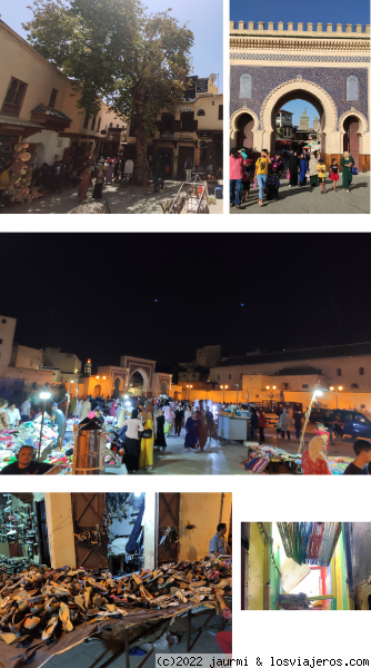 Distintas instantaneas de Fez
Plaza Seffarine y los caldereros, Puerta Bab Boujloud, imagen nocturna de la plaza Rcif (recuerda un poco a Jemaa), una zapateria en esa plaza y Rainbow Street art
