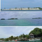 Fuerte de defensa (arriba), archipielago de islas (centro) y casa de Pablo Escobar (abajo)