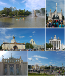 Parque VDNHK: espiga de oro, plaza de la industria, diferentes pabellones y panoramica desde la fuente principal