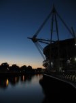 Night shot of the Oval Ball Temple, the Millenimu Stadium at Cardif