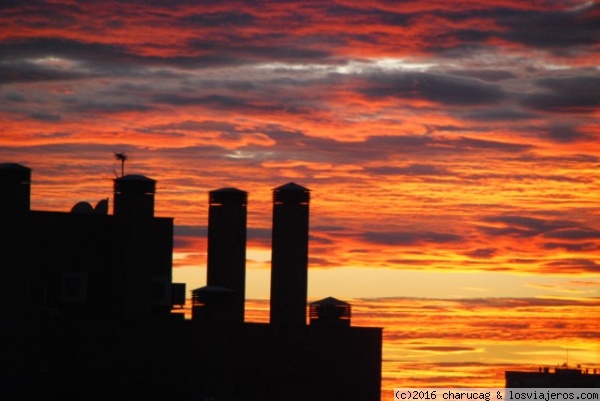 Atardecer en Madrid
Las chimeneas de Madrid en negro  contrastan con el cielo encendido
