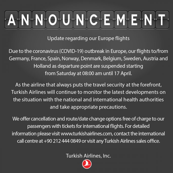 Turkish Airlines: Cancelación Vuelos desde/a Europa - Aeropuerto Istanbul Airport (IST) - Estambul, Turquía